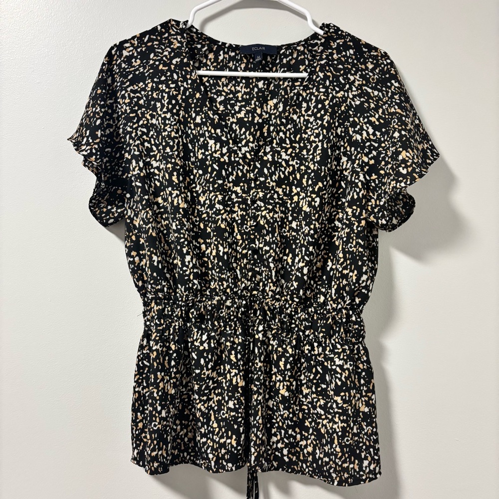 Eclair Black and Cream Blouse Elastic Tie Waist Medium
